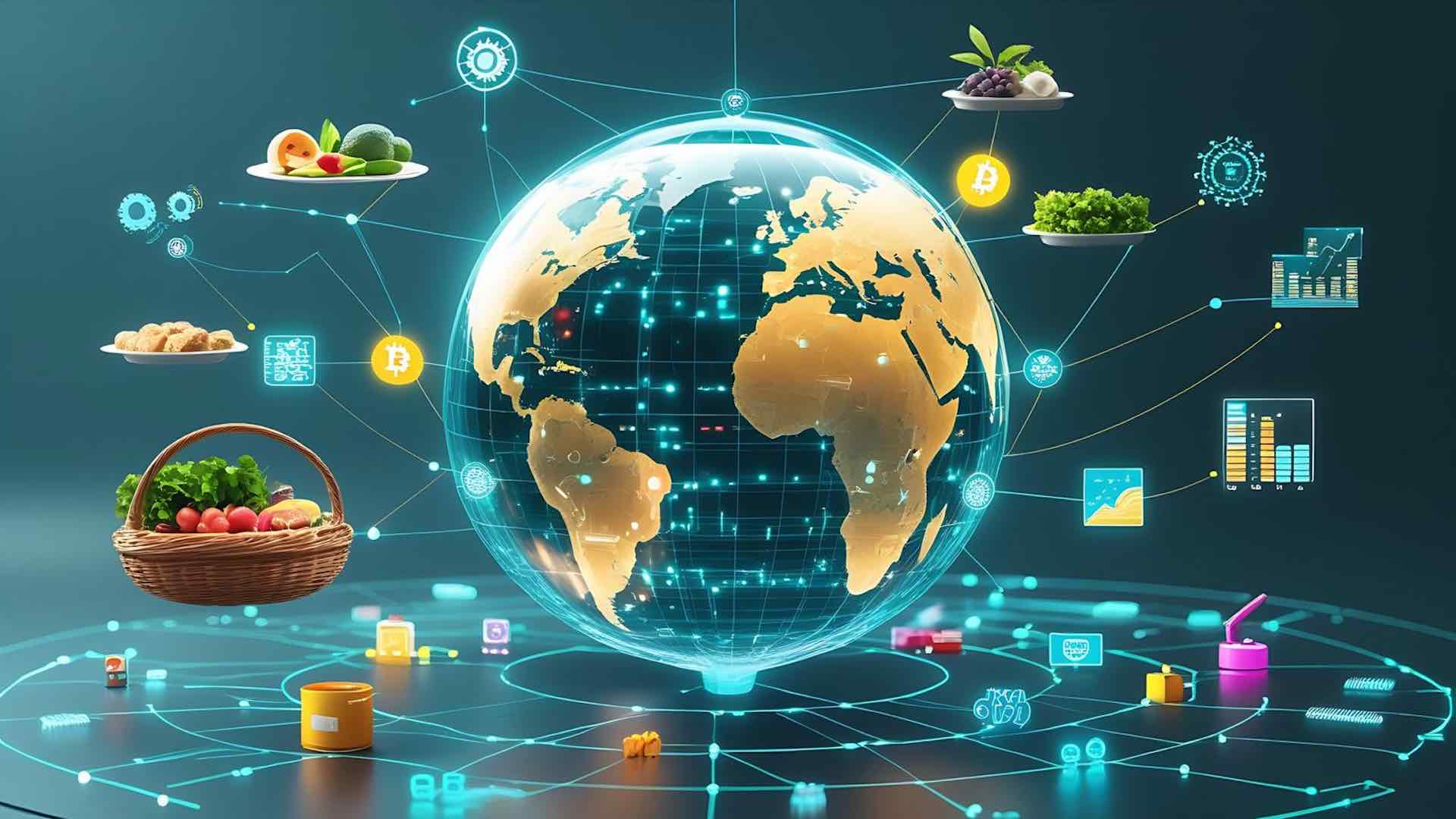 Digital illustration of global food systems. Digital illustration of global food systems.